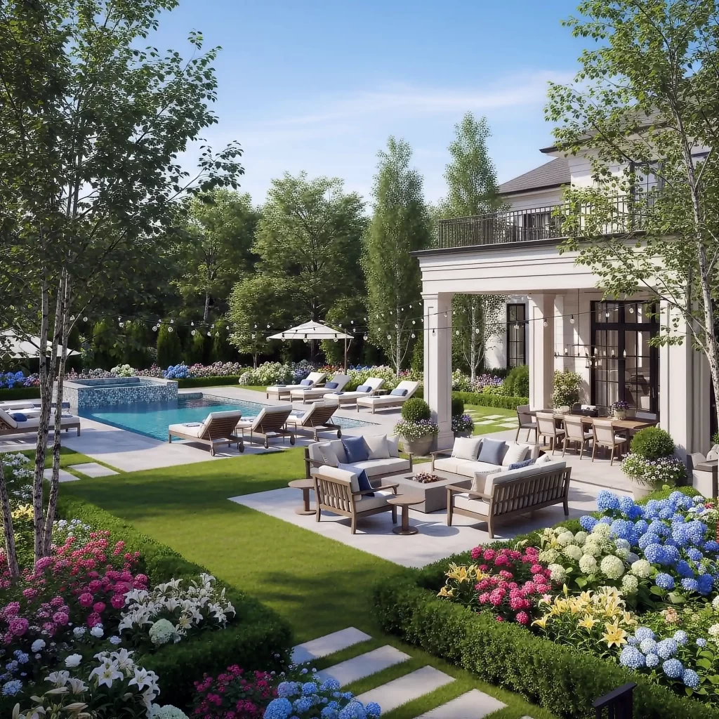 Virtually staged outdoor pool area with designer patio furniture by Dwell Defined Design