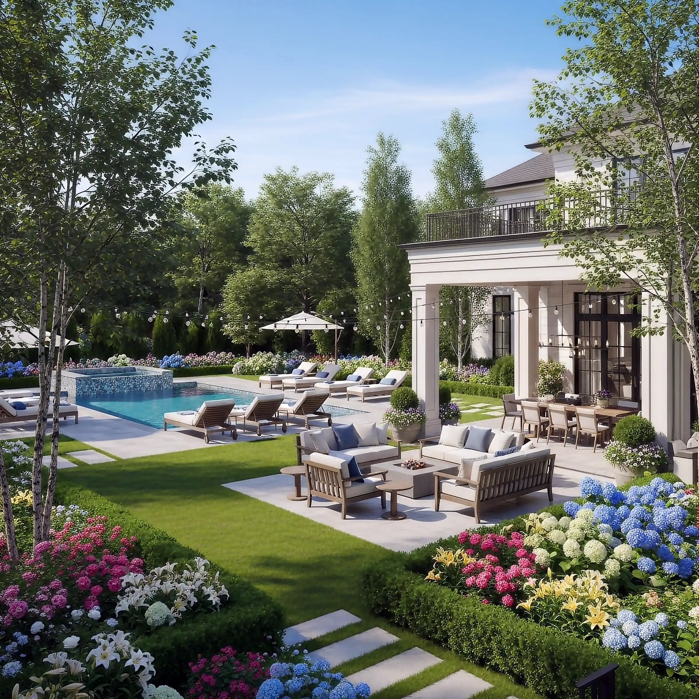 Virtually staged outdoor pool area with designer patio furniture by Dwell Defined Design