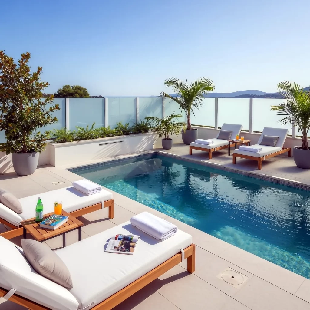 designer virtual staging of a modern pool and patio for a real estate listing